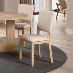 Contemporary Style 5pc Dining Set Kitchen Natural Color Round Table Pedestal Base Fabric Chairs Table 4x Side Chairs Dining Room