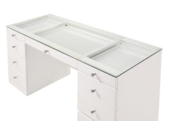 1pc Glam Makeup Vanity Table Glass Top 9 Drawers Knobs White Wooden Bedroom Furniture