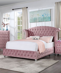 Glam Contemporary Pink Flannelette Upholstered 1pc Queen Size Bed Cabriole Legs Wingback Design Bedroom Furniture