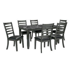 Simple Classic Dark Gray 7pc Dining Set Faux Marble Top Dining Table 6xSide Chairs Leatherette Seats Dining Room Furniture