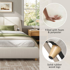 King Size Modern Upholstered Bed Frame with Linen Fabric and Solid Wood Legs, White