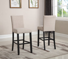 Biony 3-Piece 36" Round Espresso Finish Bar Table with 2 Tan Fabric Nail Head Pub Chairs