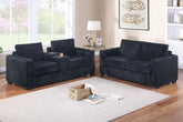 Modern Style 2pc Sofa Set 1x Sofa 1x Loveseat Back Cushion Plastic Legs Cup Holders Charging Port Corduroy Upholstered Black Finish Primary Living Room