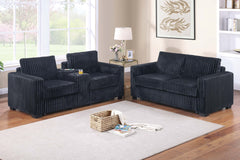 Modern Style 2pc Sofa Set 1x Sofa 1x Loveseat Back Cushion Plastic Legs Cup Holders Charging Port Corduroy Upholstered Black Finish Primary Living Room