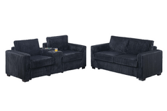 Modern Style 2pc Sofa Set 1x Sofa 1x Loveseat Back Cushion Plastic Legs Cup Holders Charging Port Corduroy Upholstered Black Finish Primary Living Room