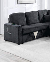 Modern Design 4pc Convertible Sectional Storage Compartment Matching Pillow Pull Out Bed USB Port Corduroy Upholstered Black Finish Primary Living Room