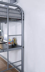 Contemporary Style Full Metal Construction Silver Finish Twin Loft Bed Attached Ladder Under Bed Shelves And Workstation With Top Guard Rails