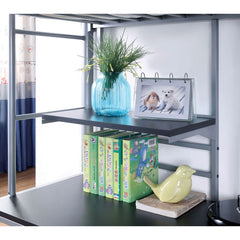 Contemporary Style Full Metal Construction Silver Finish Twin Loft Bed Attached Ladder Under Bed Shelves And Workstation With Top Guard Rails