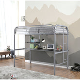 Contemporary Style Full Metal Construction Silver Finish Twin Loft Bed Attached Ladder Under Bed Shelves And Workstation With Top Guard Rails