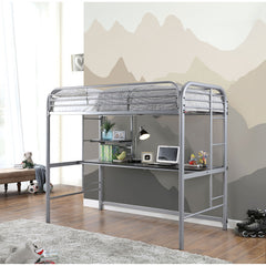Contemporary Style Full Metal Construction Silver Finish Twin Loft Bed Attached Ladder Under Bed Shelves And Workstation With Top Guard Rails
