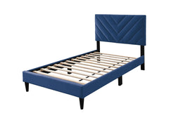 Contemporary Style Twin Size Bed Adjustable Headboard Middle Support Legs Navy Blue Finish Bedroom Furniture