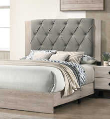 Contemporary 1pc Cream Finish California King Size Bed Bedroom Furniture Gray Tufted Design Headboard Rubberwood 1pc Bedframe