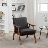 Accent Chair with Microfiber Upholstery and Solid Wood Frame, Classic Mid-Century Modern Living Room Furniture for Extra Seating, Black PU/PVC
