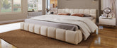 Elegant Beige Chenille Upholstered Bed with Checkerboard Design, King, Beige