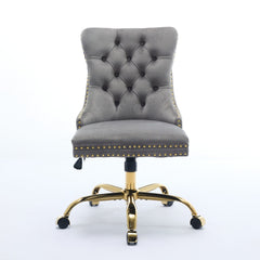 A&A Furniture Office Chair,Modern Velvet Upholstered Tufted Button Home Office Chair with Golden Metal Base,Adjustable Desk Chair Swivel Office Chair (Gray)