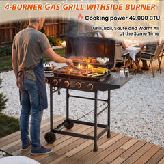 4 Burner BBQ Propane Gas Grill with Side Burner 42000 BTU Output Stainless Steel Barbecue Grill with Enamel-Coated Grates and Side Tables for Outdoor Cooking Kitchen and Patio Backyard.