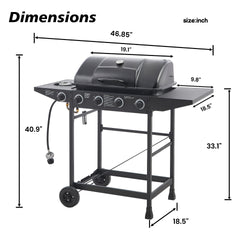 4 Burner BBQ Propane Gas Grill with Side Burner 42000 BTU Output Stainless Steel Barbecue Grill with Enamel-Coated Grates and Side Tables for Outdoor Cooking Kitchen and Patio Backyard.