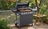 6 Burner BBQ Propane Gas Grill with Side Burner 72000 BTU Output Stainless Steel Barbecue Grill with Cast Iron Grates and Side Tables for Outdoor Cooking Kitchen and Patio Backyard.