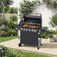 6 Burner BBQ Propane Gas Grill with Side Burner 72000 BTU Output Stainless Steel Barbecue Grill with Cast Iron Grates and Side Tables for Outdoor Cooking Kitchen and Patio Backyard.