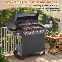 6 Burner BBQ Propane Gas Grill with Side Burner 72000 BTU Output Stainless Steel Barbecue Grill with Cast Iron Grates and Side Tables for Outdoor Cooking Kitchen and Patio Backyard.
