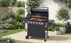 6 Burner BBQ Propane Gas Grill with Side Burner 72000 BTU Output Stainless Steel Barbecue Grill with Cast Iron Grates and Side Tables for Outdoor Cooking Kitchen and Patio Backyard.
