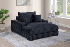 Modern Chaise Lounge w 2/ Cup Holders USB Ports Black Corduroy Wooden Legs Pillows Plush Couch Sofa Chaise