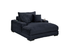 Modern Chaise Lounge w 2/ Cup Holders USB Ports Black Corduroy Wooden Legs Pillows Plush Couch Sofa Chaise