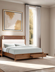 Mid-Century Modern 1pc Queen Size Bed w Storage Drawers Walnut Solid wood Upholstered HB Reading Light Bedroom Furniture