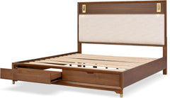 Mid-Century Modern 1pc Queen Size Bed w Storage Drawers Walnut Solid wood Upholstered HB Reading Light Bedroom Furniture