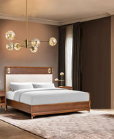 Mid-Century Modern Beautiful 1pc Queen Size Bed Walnut Solid wood Upholstered HB w Reading Light Bedroom Furniture
