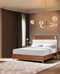 Mid-Century Modern Beautiful 1pc Eastern King Size Bed Walnut Solid wood Upholstered HB w Reading Light Bedroom Furniture