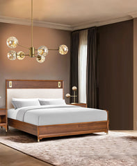 Mid-Century Modern Beautiful 1pc Eastern King Size Bed Walnut Solid wood Upholstered HB w Reading Light Bedroom Furniture