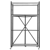 Folding Storage Shelf with Wheels 4-Tier No Assembly Organizer Shelf Black