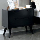 Mid-Century Modern Black Color 1pc Nightstand Bedroom Furniture Solid wood Round Tapered Legs 2-Drawers Bedside Table