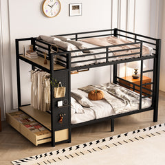 Full over Full size Metal Bunk Bed for Teens with Storage Shelves ,Drawers and Pegboard,Black