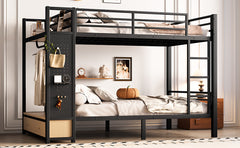 Full over Full size Metal Bunk Bed for Teens with Storage Shelves ,Drawers and Pegboard,Black