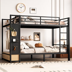 Full over Full size Metal Bunk Bed for Teens with Storage Shelves ,Drawers and Pegboard,Black