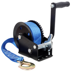 1600LBS Hand Winch,with 26FT Blue Strap,Black Shell,4.1:1 Gear Ratio Portable Winch,Two-Way Ratchet,Manual Operated Hand Crank Winch for Trailer, Boat or ATV Towing