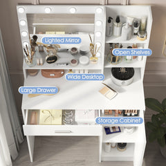 Vanity Desk with Mirror & Light, Large Drawer Three Level Storage Dresser, 3 Lighting Modes Adjustable Brightness, Bedroom Dressing Table(white)