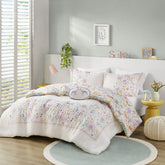 4 PCS Full/Queen Floral Reversible Cotton Comforter Set with Throw Pillow Purple