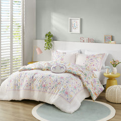 4 PCS Full/Queen Floral Reversible Cotton Comforter Set with Throw Pillow Purple