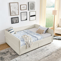 Daybed with Trundle Upholstered Tufted Sofa Bed, with Two Drawers, Queen Size, Boucle Fabric, Beige(88"x65.5"x29.5")