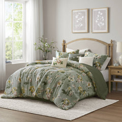 7-Piece Queen Vintage Floral Comforter Set, Green