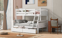 Twin over Full Bunk Bed with Ladder, Two Storage Drawers, Safety Guardrail, White