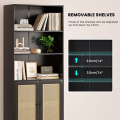 Tall Bookcase with Rattan Doors,5 Tier Storage Wood Shelves Large Bookshelf for Library Living Room Bedroom Home Office,Black