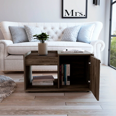 Coffee Table, One Open Shelf, Single Door Cabinet, Dark Walnut