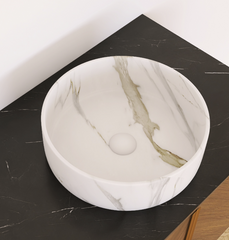14'' Bathroom Sink, Round Vessel Ceramic Sink with Stone Pattern without Faucet, NO Cabinet, Glossy White