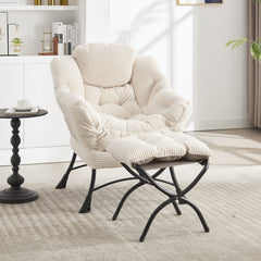 Lazy Chair with Ottoman, Modern Lounge Accent Chair with Armrests and a Side Pocket, Leisure Upholstered Sofa Chair Reading Chair with Footrest for Small Space, Corner Chair-White