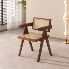 Modern Mid Century Dining Chairs Set of 2, Rattan Accent Chairs, Comfy Armchairs, Outdoor Wood Chairs with Armrest for Bedroom Living Room Reading Room Dining Kitchen, Brown