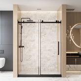 Frameless Single sliding shower door 56-60 "W x 76" H, 1/4 "(6 mm) Clear Tempered Glass, Explosion Proof Film, Stainless Steel Handle Square Tube Track ,Matte Black